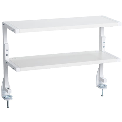 Wide spacious above desk or below desk clamp-on shelf with two shelves for convenient storage and organization. Lower shelf height adjusts.