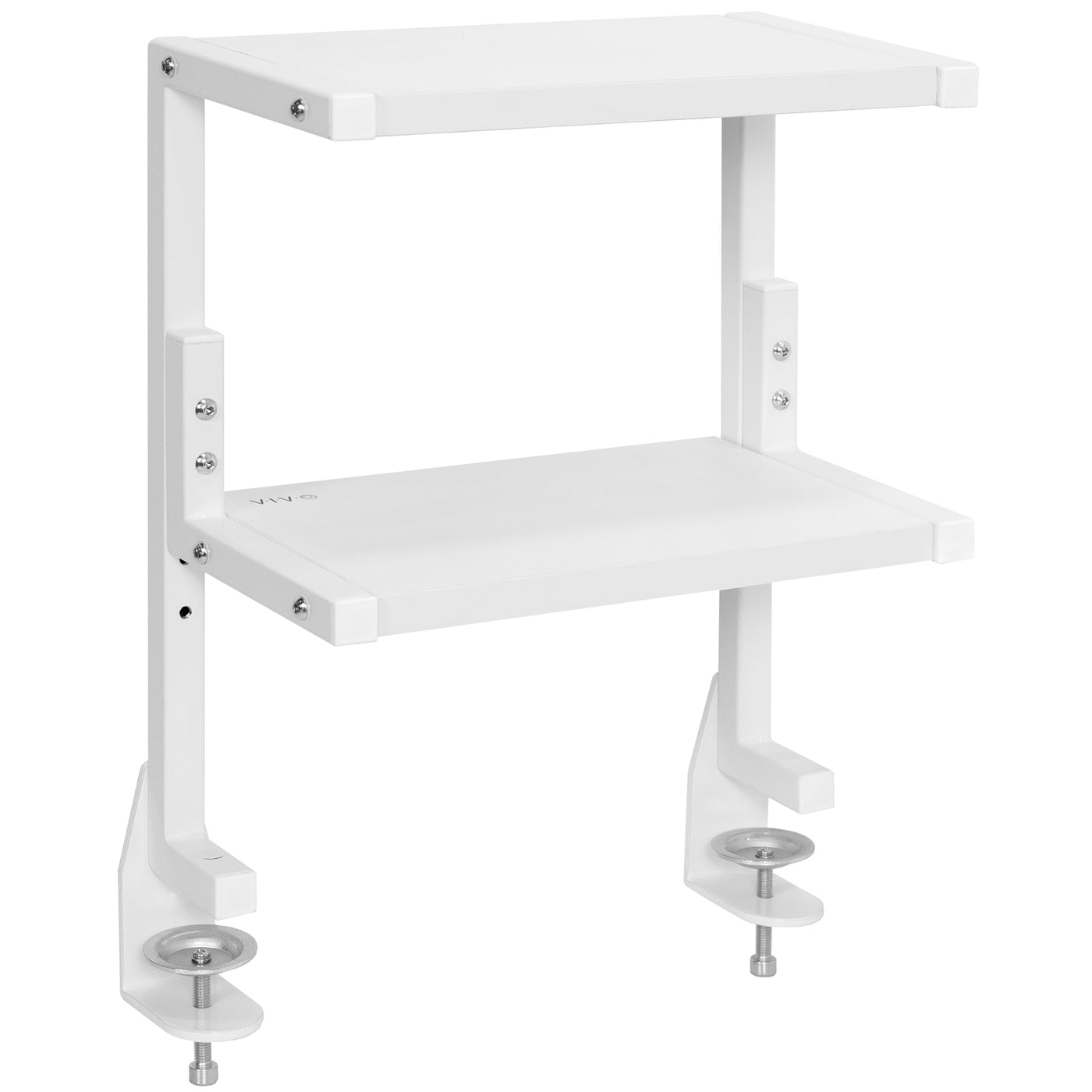 Sleek above desk or below desk clamp-on shelf with two shelves for convenient storage and organization. Lower shelf height adjusts and is removable.