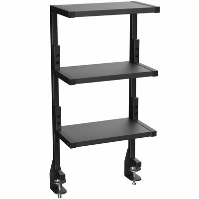 A black 13-inch clamp-on 3-tier shelving unit for desks.