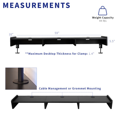 Desktop monitor riser with cable management for multiple monitors and comfortable display viewing.