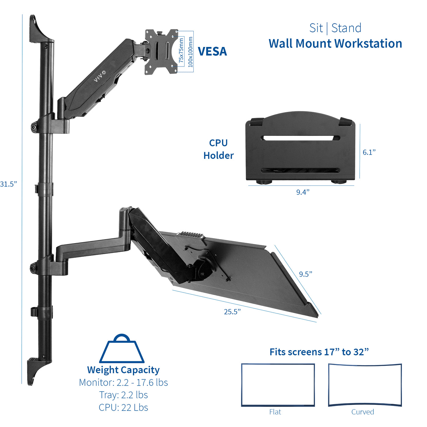 Sit to Stand Single Monitor Wall Mount Workstation provides a space efficient work area with your monitor and keyboard at ergonomic viewing and typing angles.