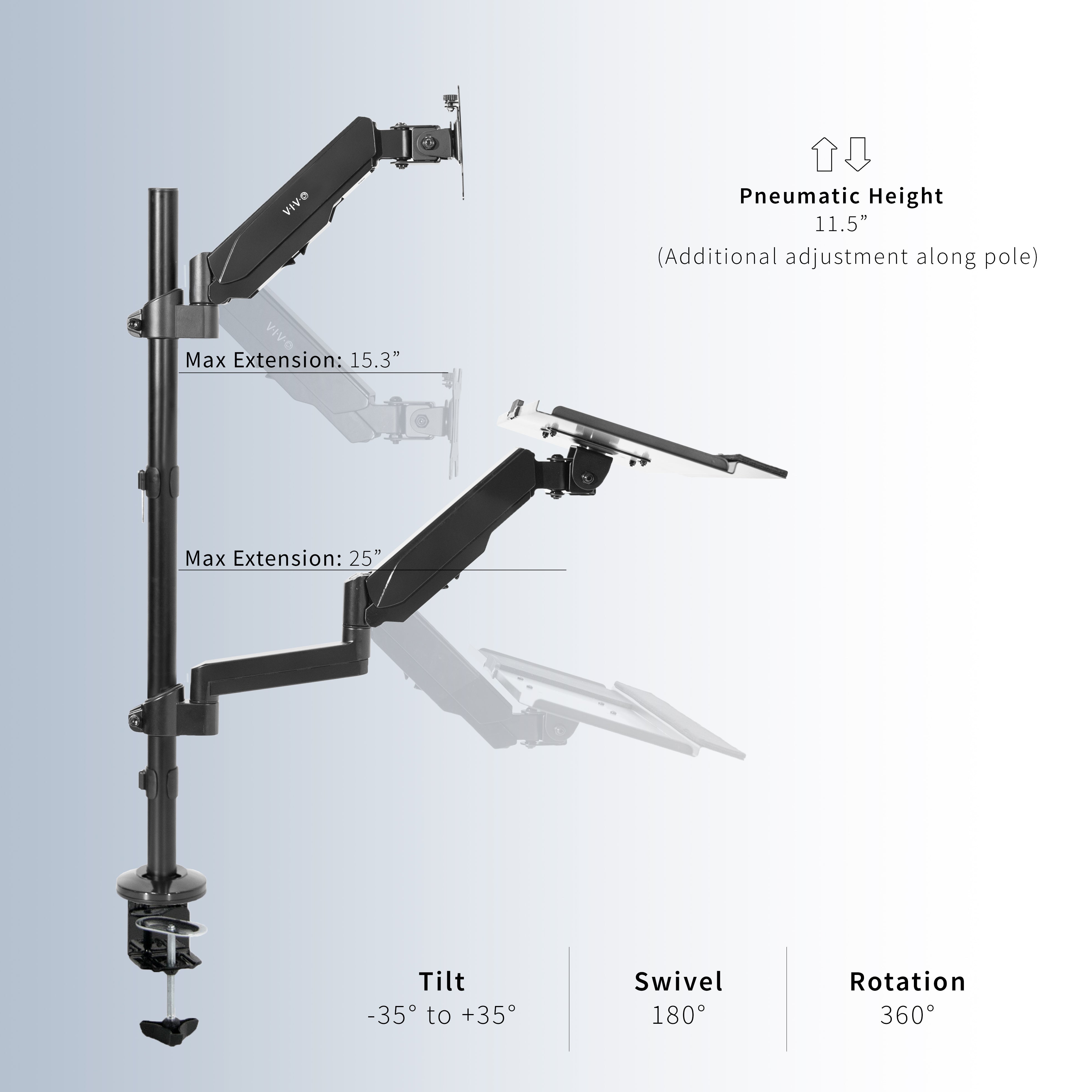 Clamp-on monitor mount and keyboard tray with height adjustment and articulation.