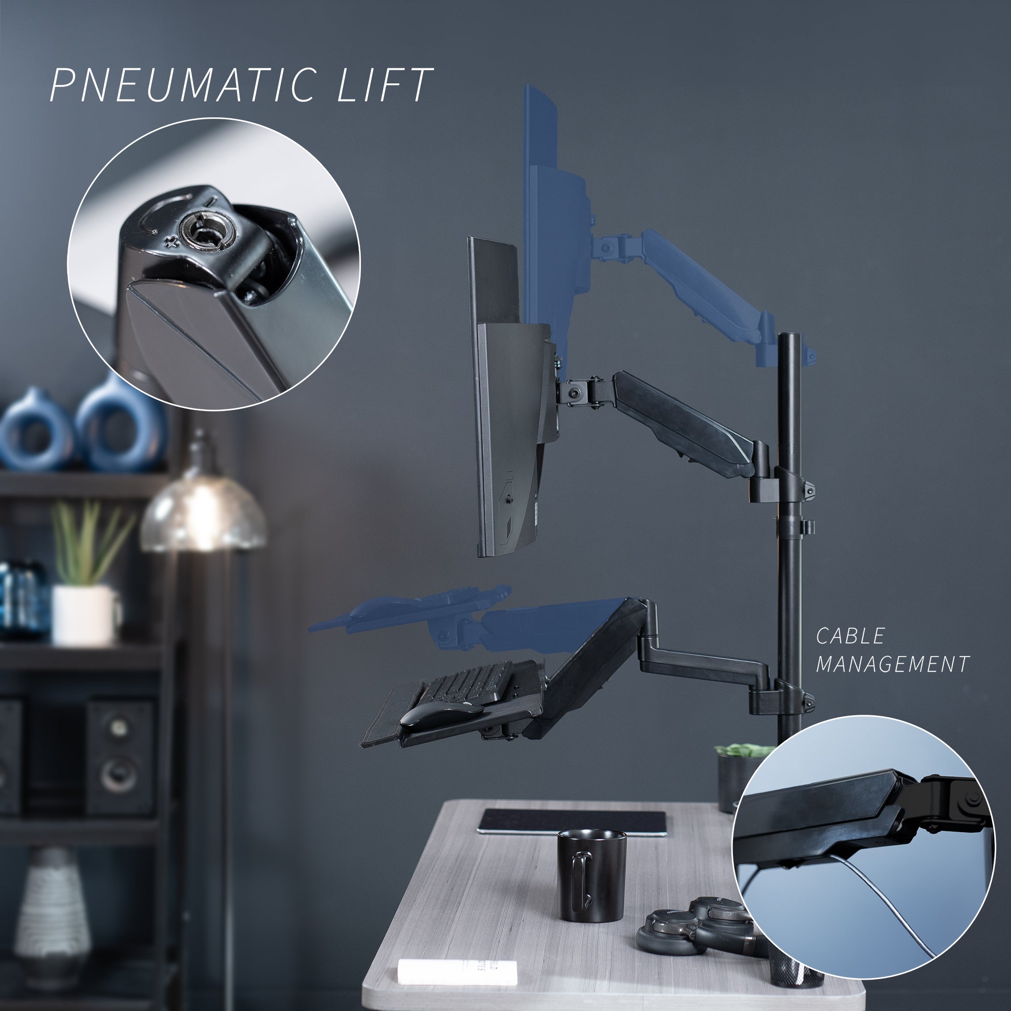 Clamp-on monitor mount and keyboard tray with height adjustment and articulation.