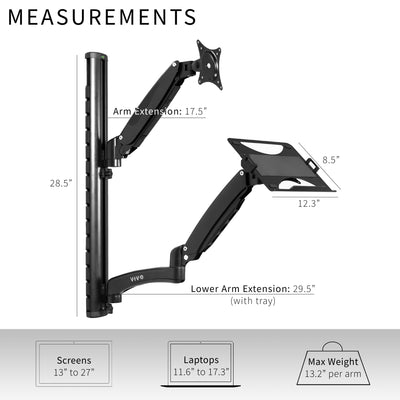 Sit-Stand Wall Mount Counterbalance Height Adjustable Monitor and Laptop Workstation for Screens up to 27 inches