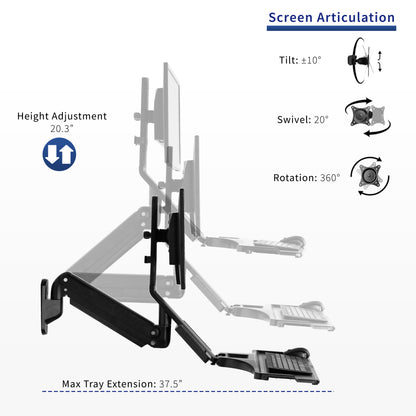 Sturdy ergonomic single monitor sit to stand wall mount workstation with keyboard tray.