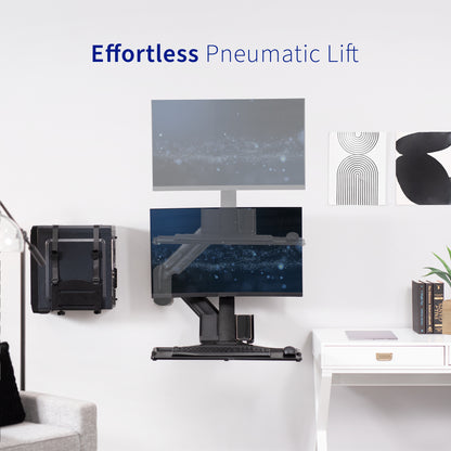 Sturdy ergonomic single monitor sit to stand wall mount workstation with pneumatic lift adjustment.