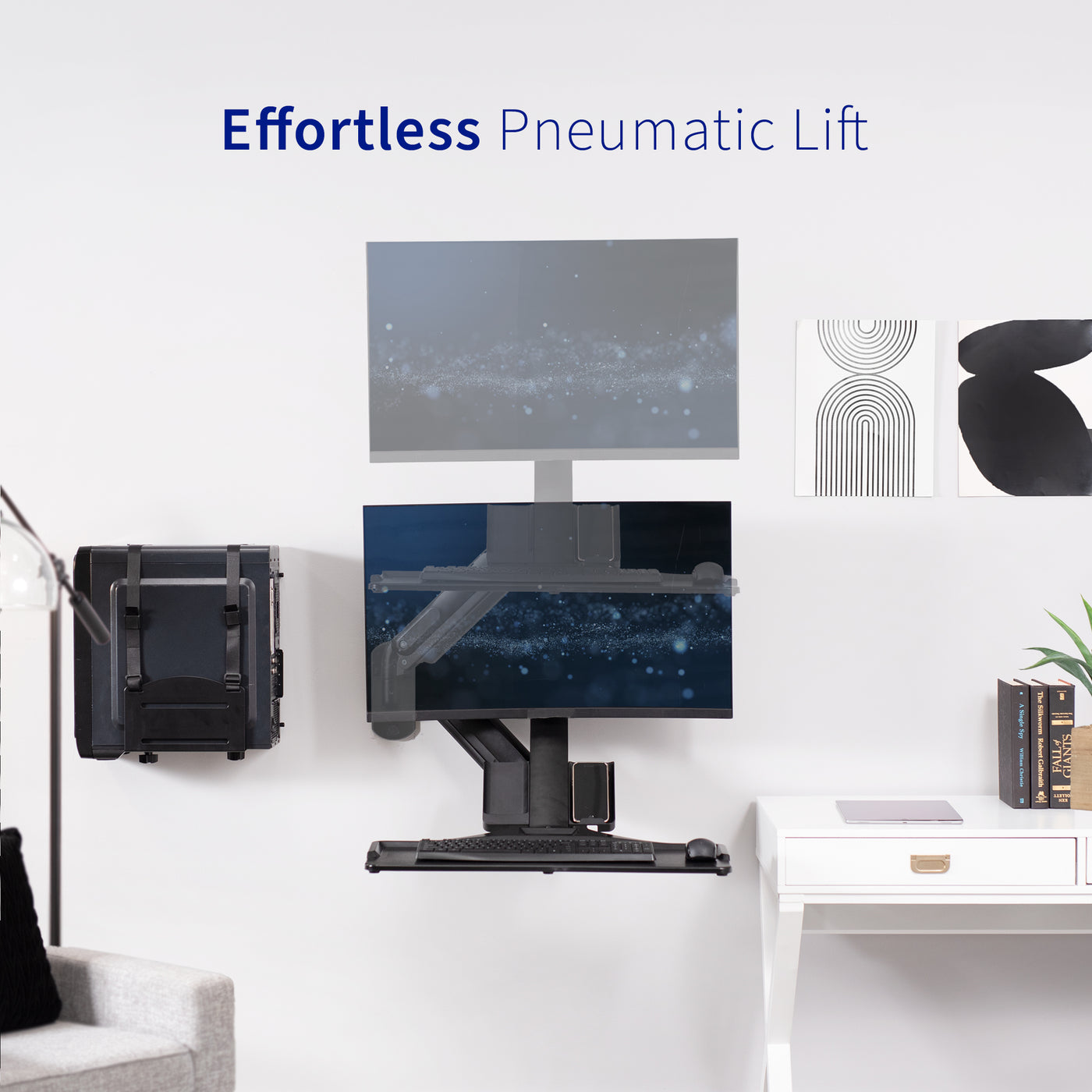 Sturdy ergonomic single monitor sit to stand wall mount workstation with pneumatic lift adjustment.