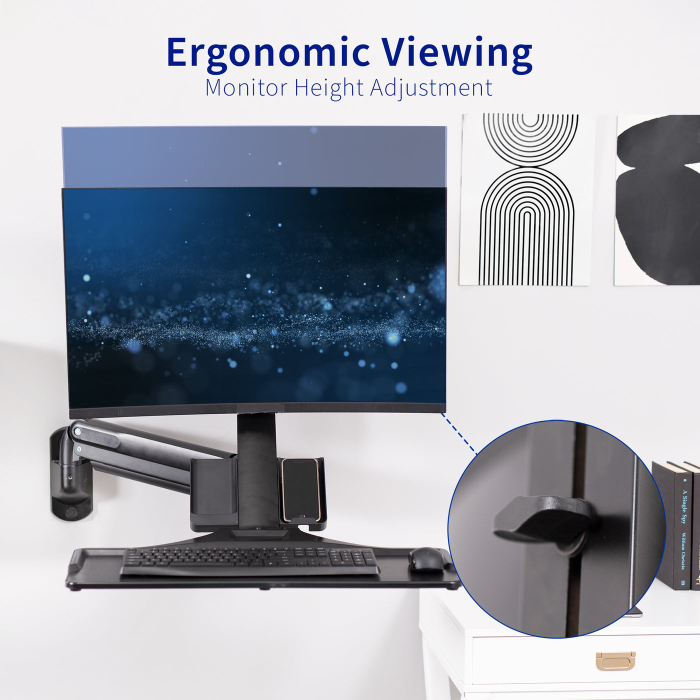 Sturdy ergonomic single monitor sit to stand wall mount workstation with adjustable height.