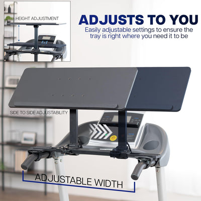 Adjustable tray system on a treadmill desk with text highlighting features