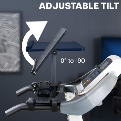 Adjustable tilt mechanism on a 27" Laptop Desk for Treadmill with text indicating range.