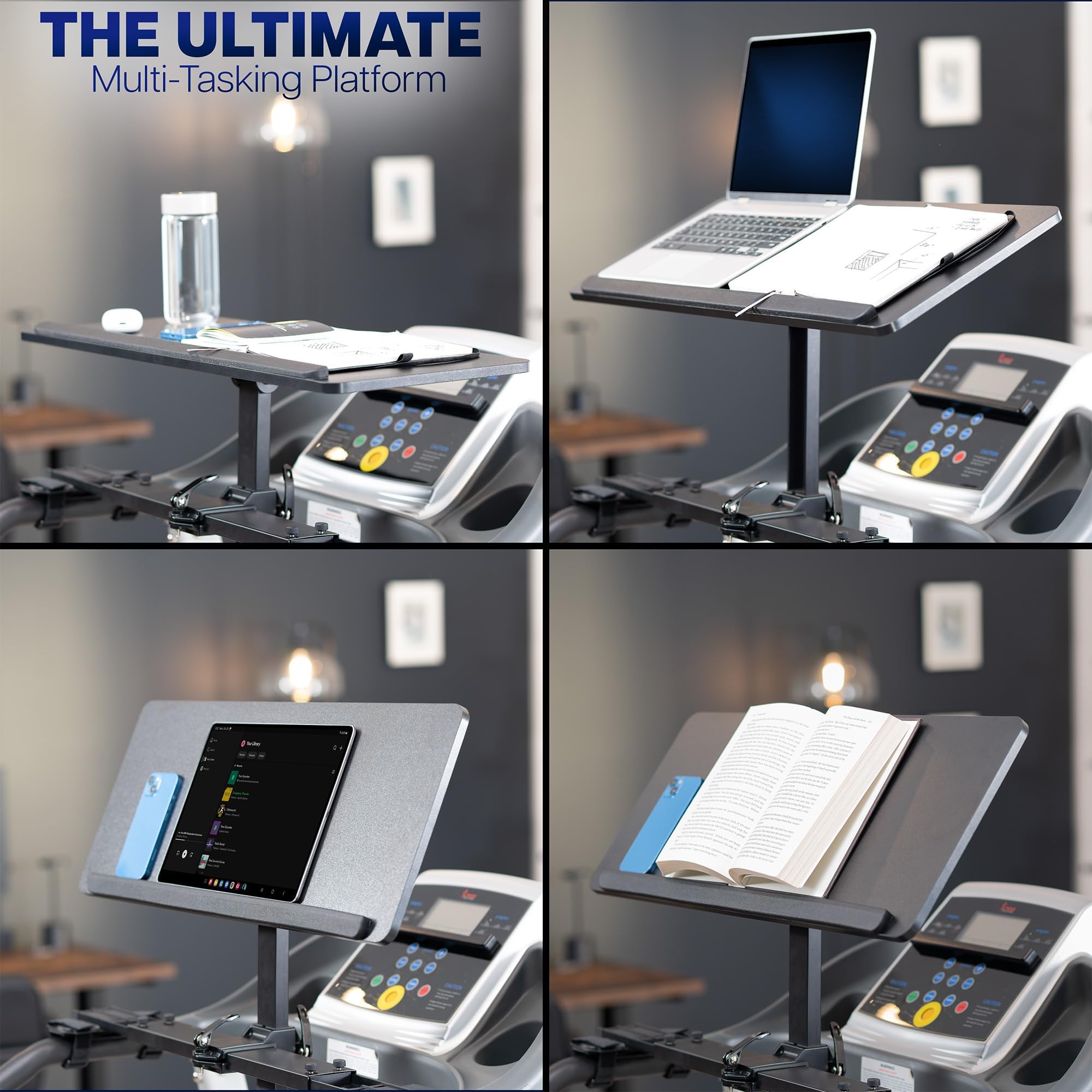 Multi-functional treadmill desk setups with laptop, tablet, phone, and book shown on desk designed for treadmills.