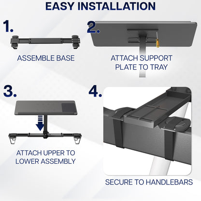 Step-by-step guide for assembling a Laptop Desk for Treadmills with text labels on a white background.