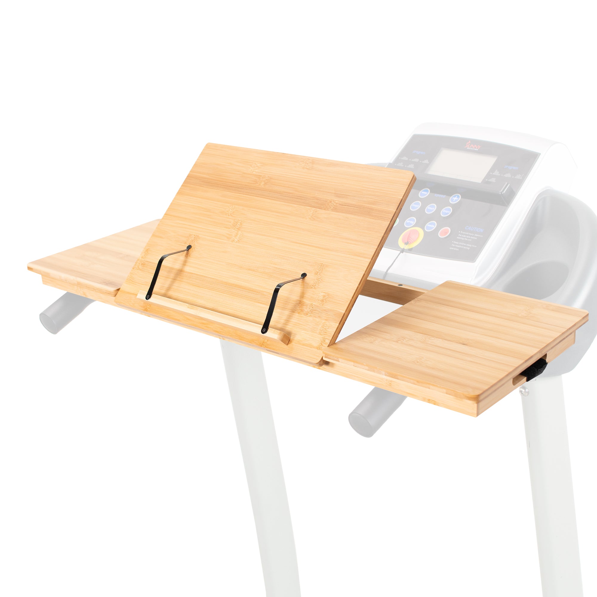 Bamboo tilting laptop desk for treadmill with heavy duty side shelves and easy installation.