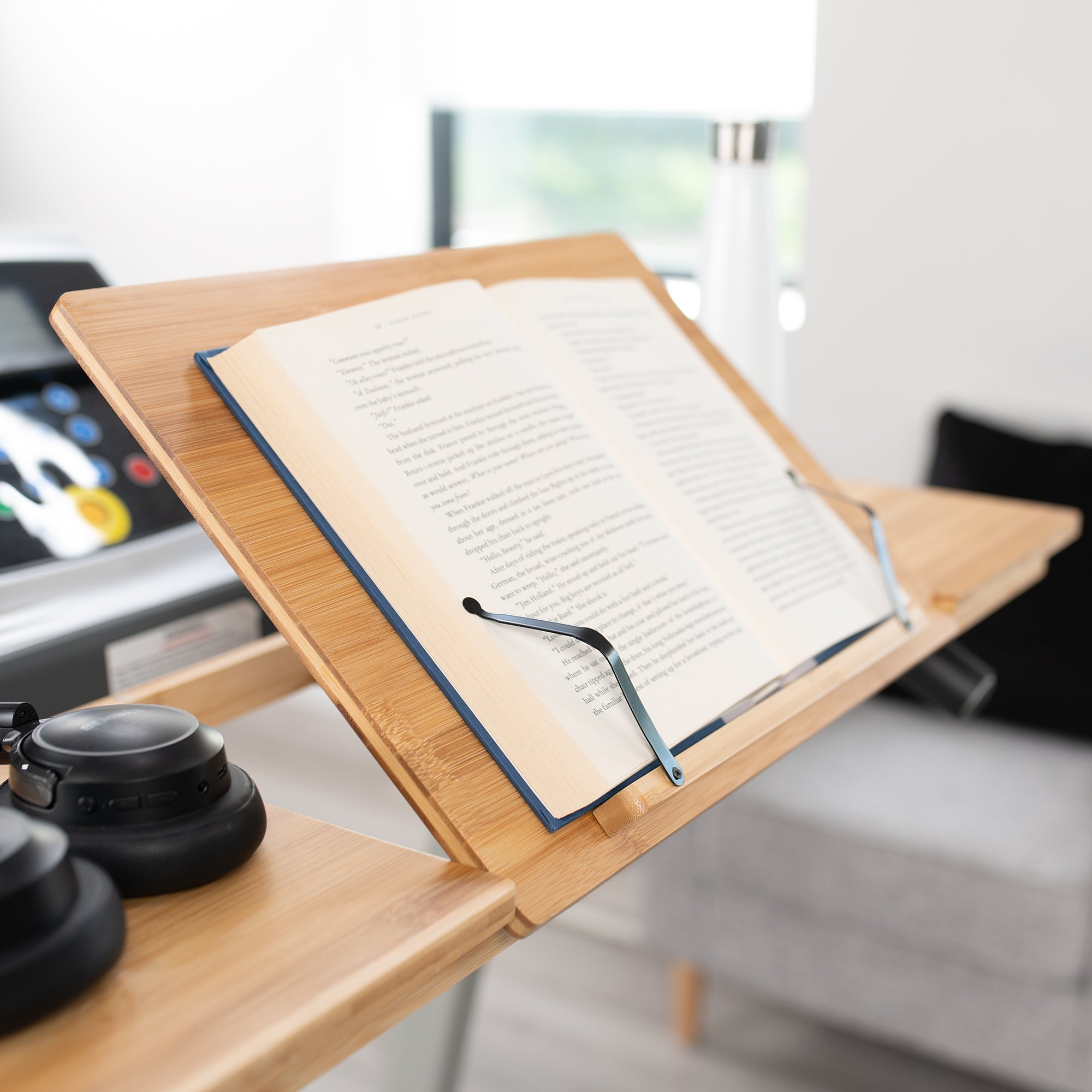 Bamboo tilting laptop desk for treadmill with heavy duty side shelves and easy installation.