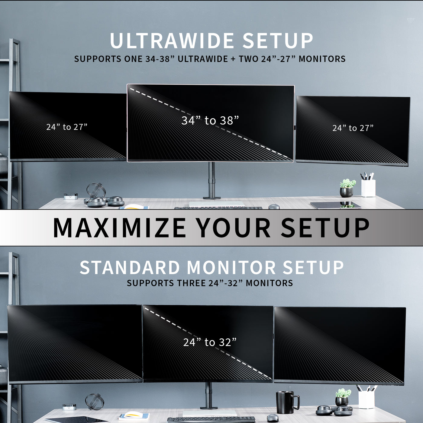 Telescoping Triple Monitor Desk Mount, Heavy Duty Flush-to-Wall Stand