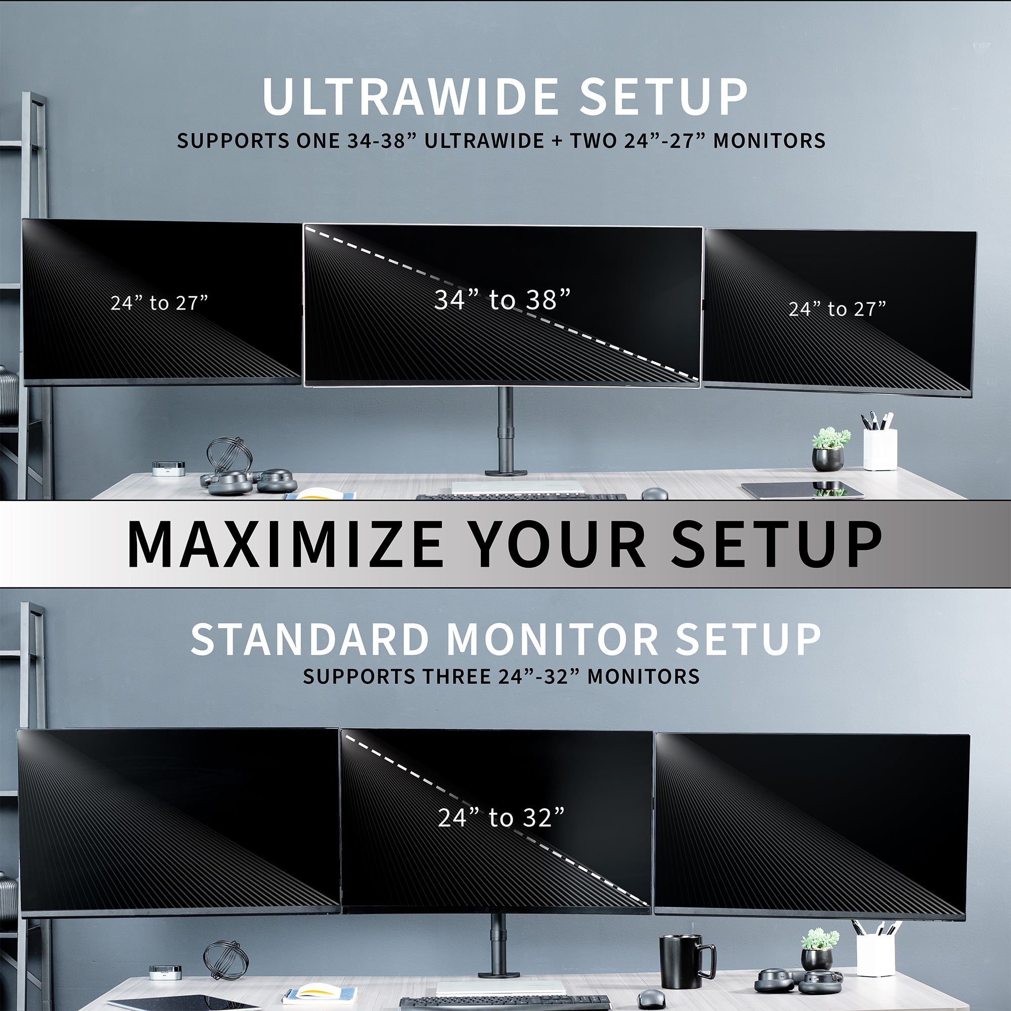 Telescoping Triple Monitor Desk Mount, Heavy Duty Flush-to-Wall Stand