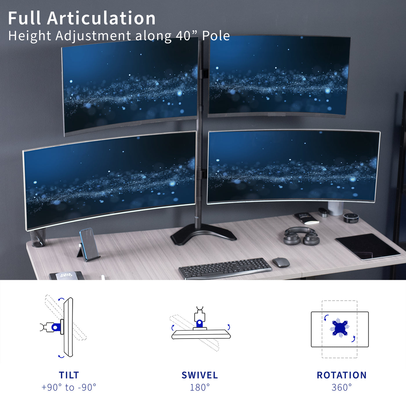 Telescoping Quad Monitor Desk Stand for office, giving you a freestanding flush-with-wall screen display.