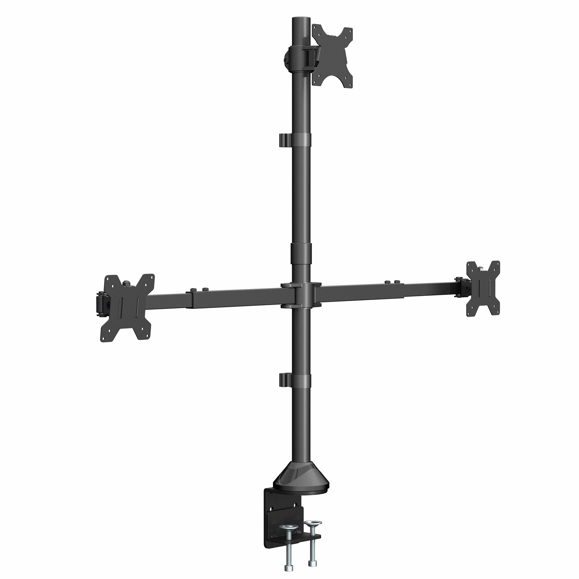 Black monitor stand with multiple arm attachments on a white background
