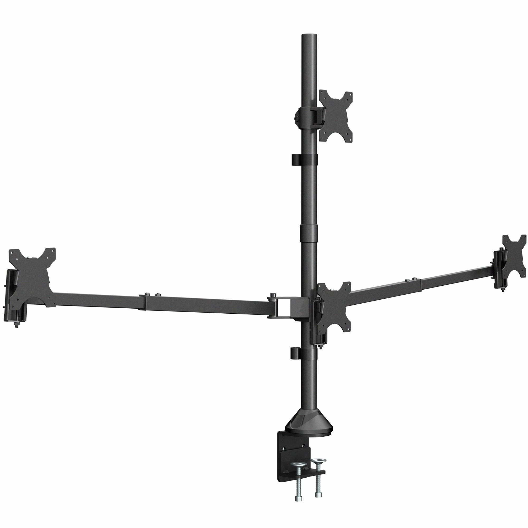 Black monitor stand with dual arm design on a white background