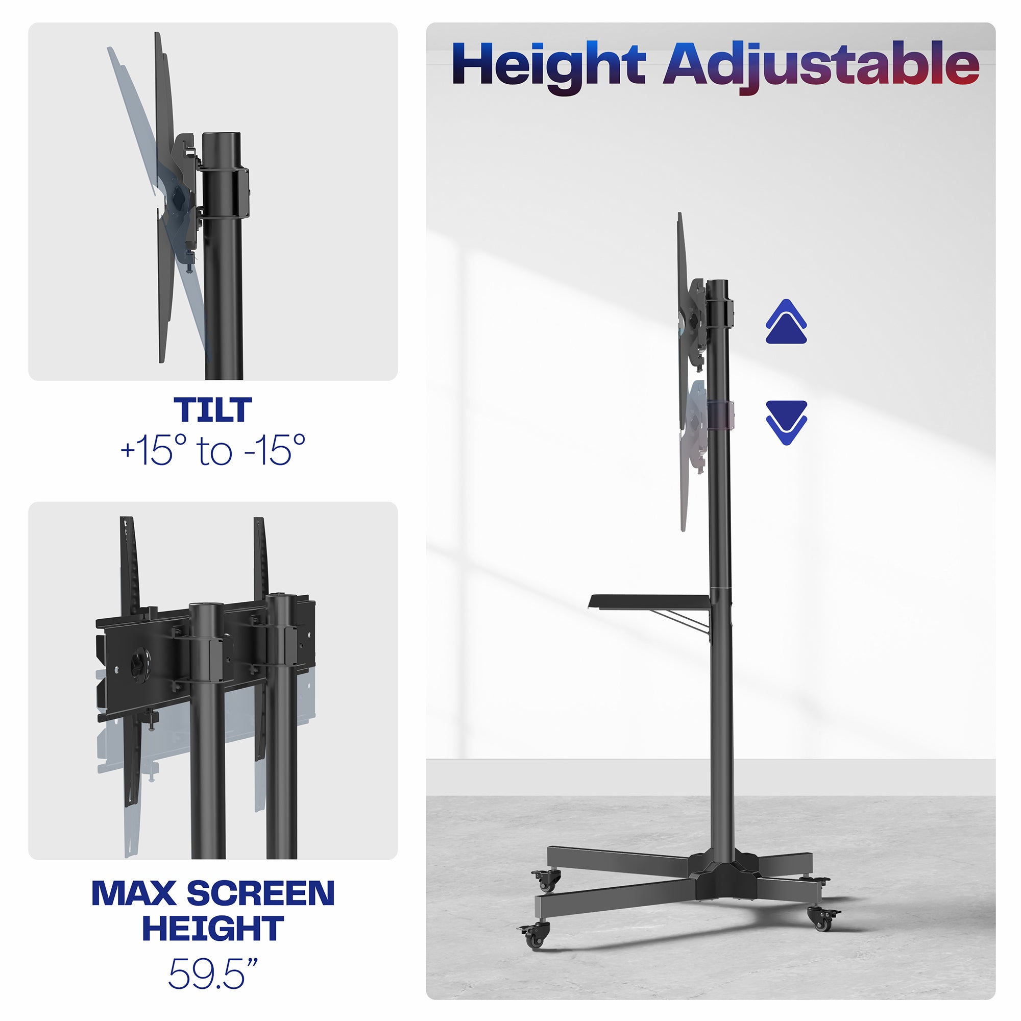 Mobile TV cart displays large screen on rolling stand for ergonomic viewing.