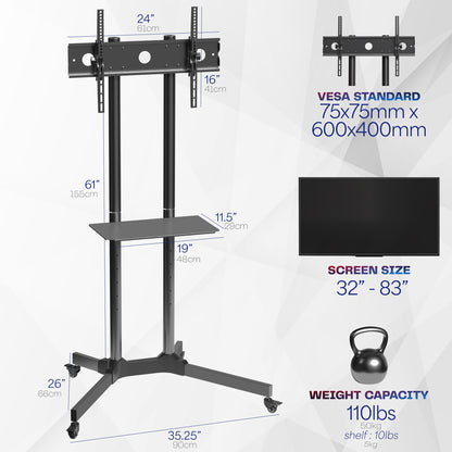 Mobile TV cart displays large screen on rolling stand for ergonomic viewing.