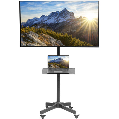 Mobile TV cart displays large screen on rolling stand for ergonomic viewing.