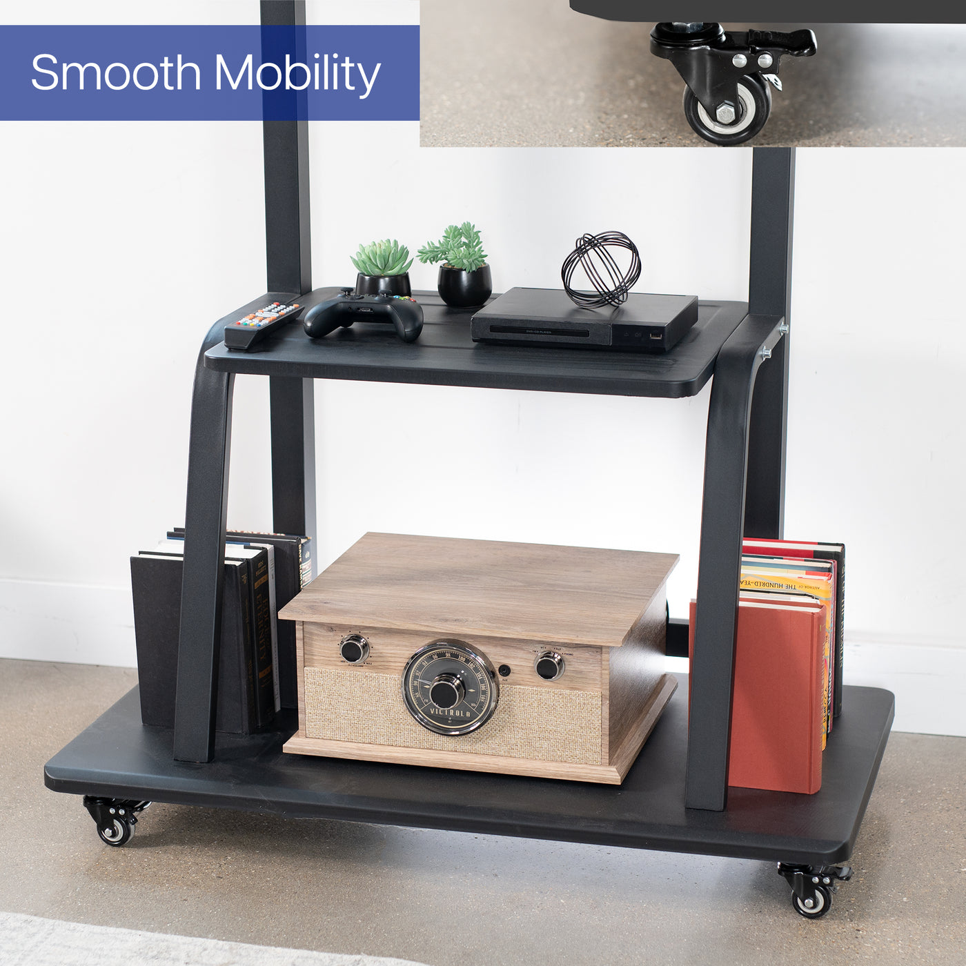 TV stand with a stable base and locking caster wheels providing smooth mobility.