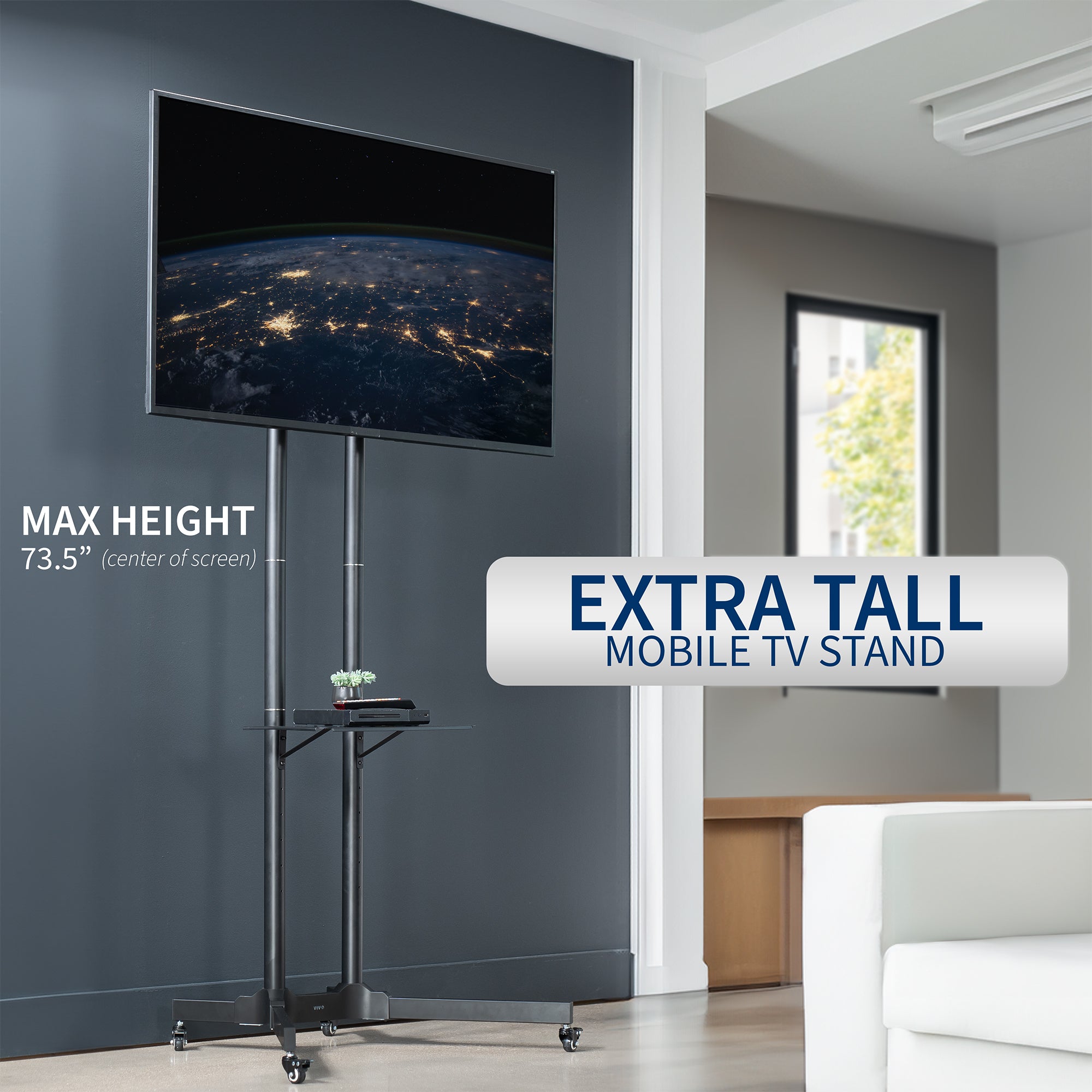 Extra tall mobile TV stand for home and office.