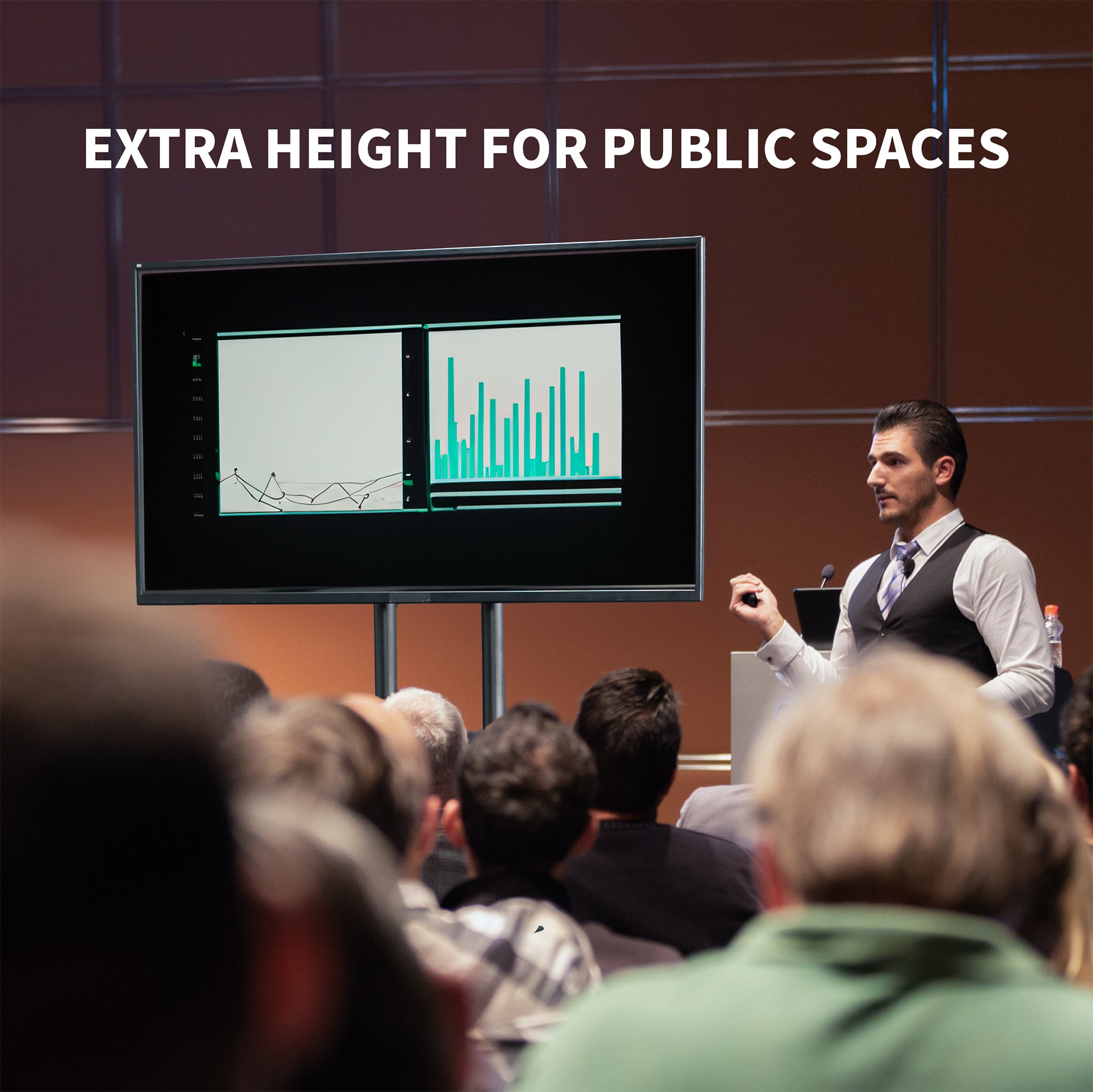 Extra tall mobile TV stand for presentations in public spaces.