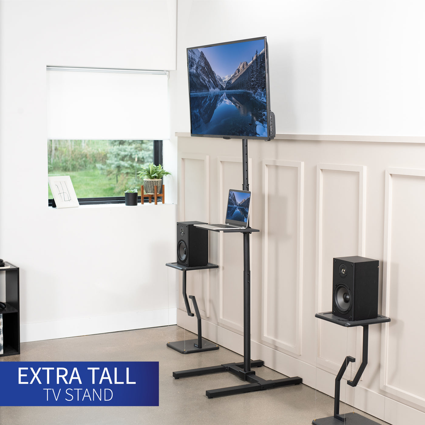 Extra tall tilting height adjustable TV stand with media shelf.