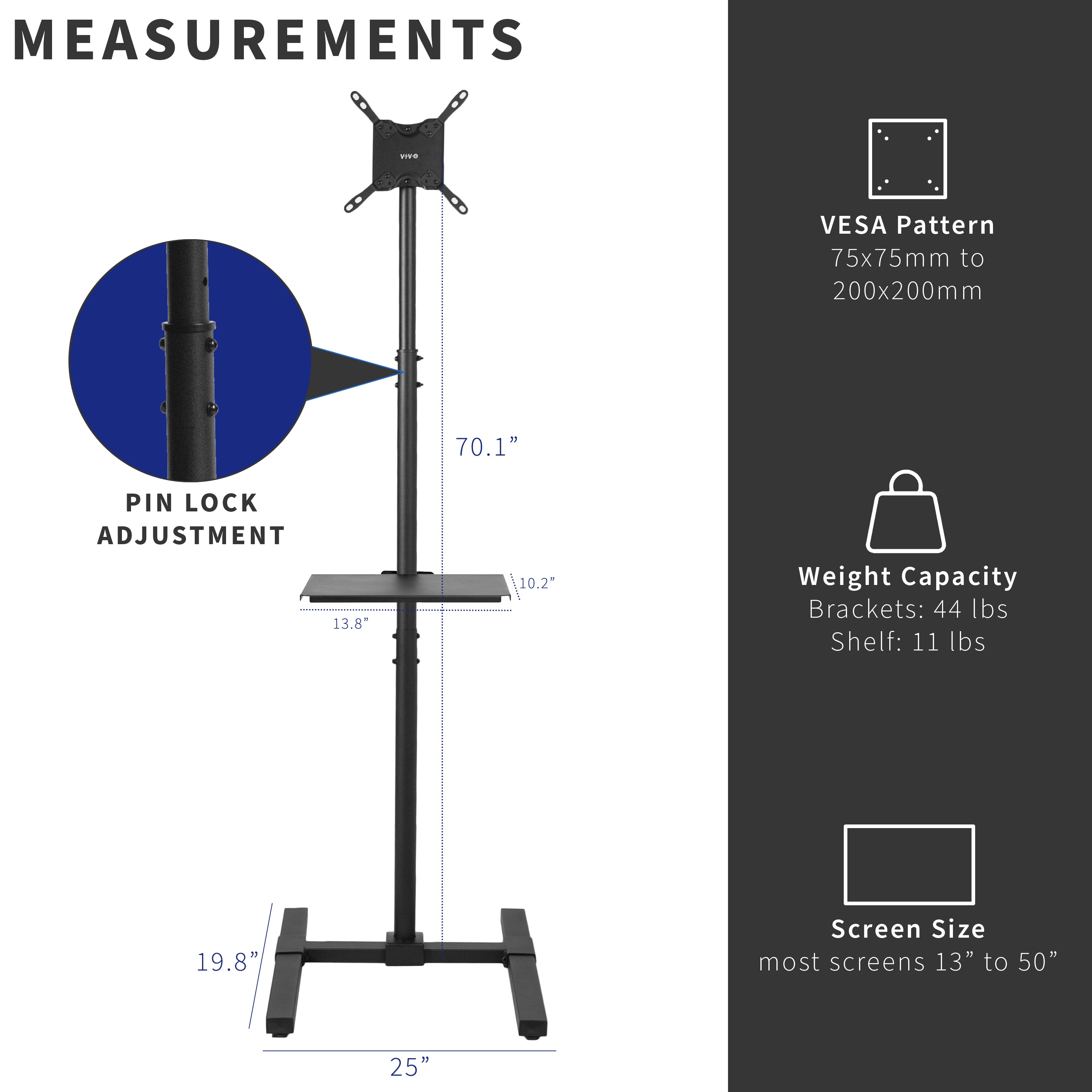 Extra tall tilting height adjustable TV stand with media shelf.