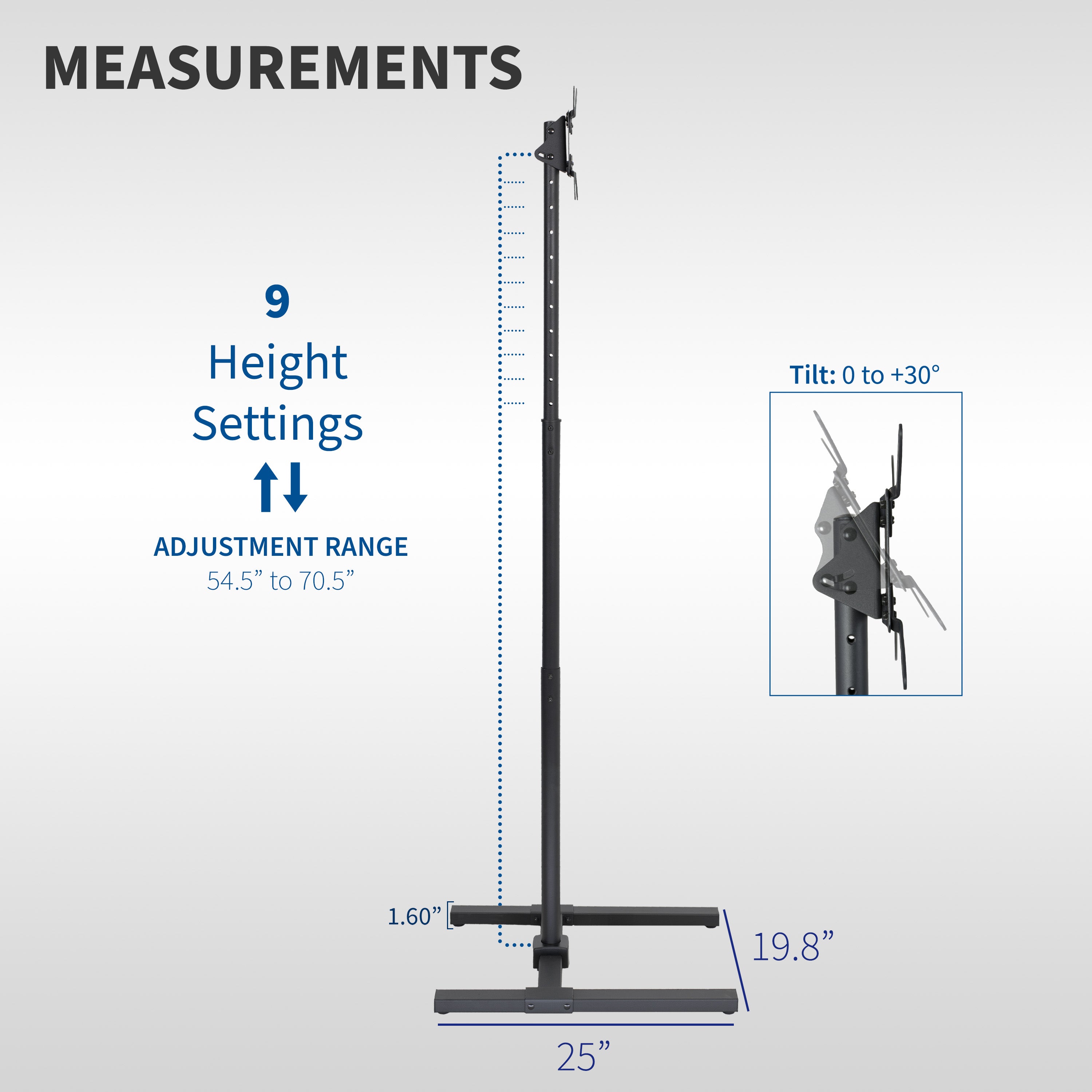 Height adjustable TV stand with measurements.