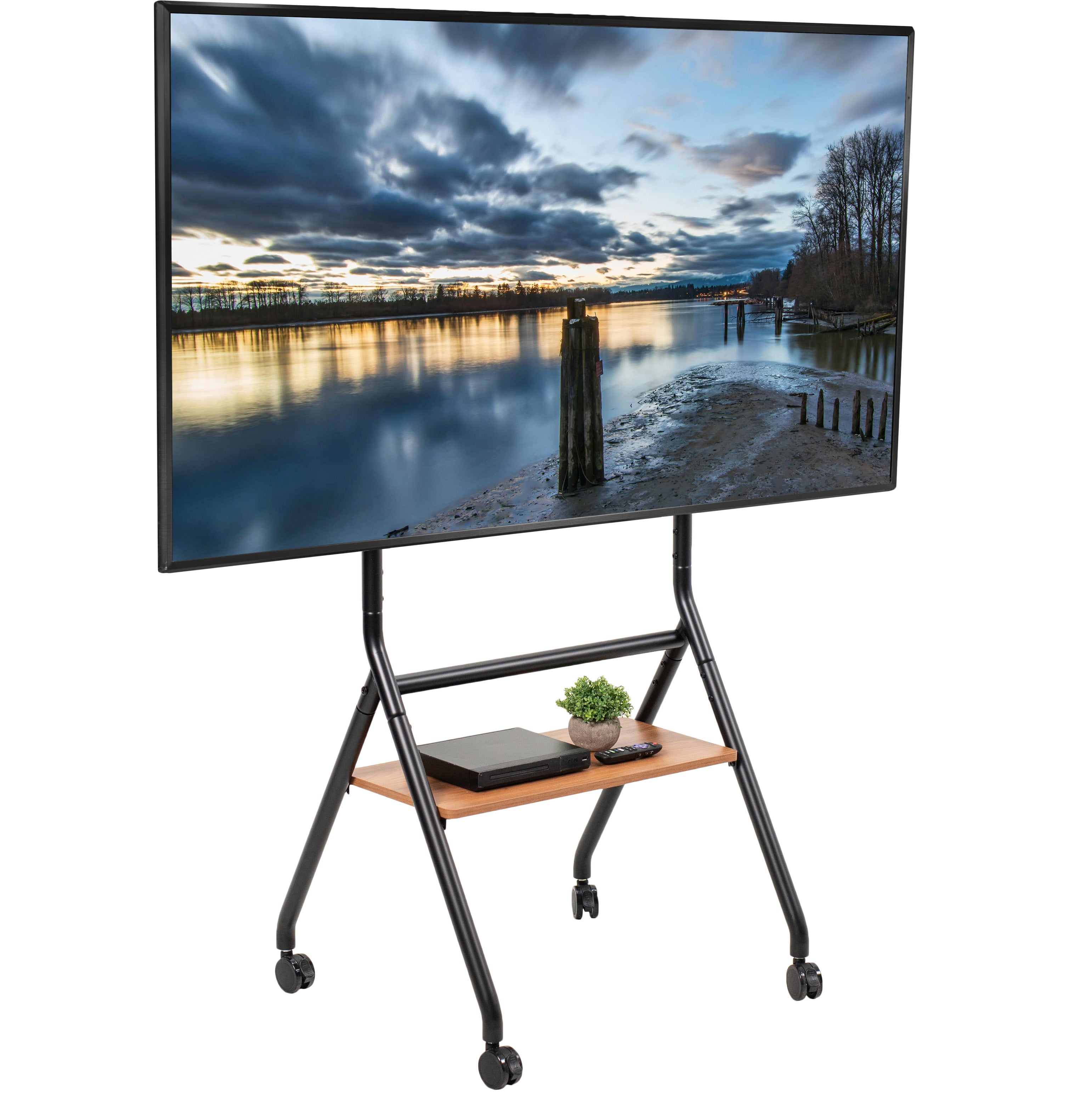 Mobile Heavy-Duty Height Adjustable Studio TV Cart for large screens that can be used in the home and office.