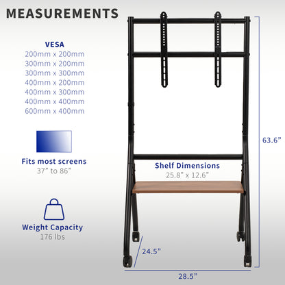 Mobile Heavy-Duty Height Adjustable Studio TV Cart for large screens that can be used in the home and office.