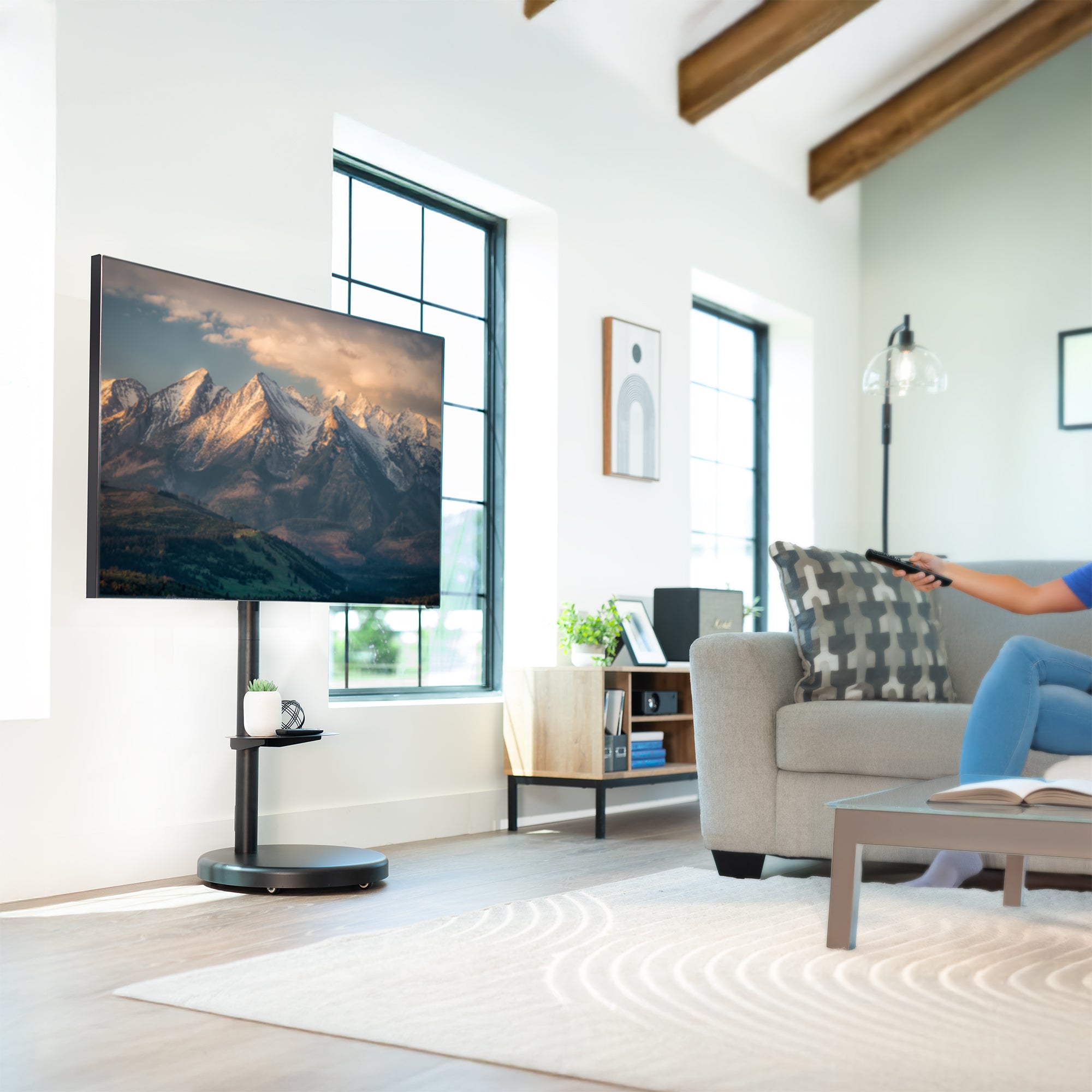 Mobile TV stand with shelf in living room, home setting.