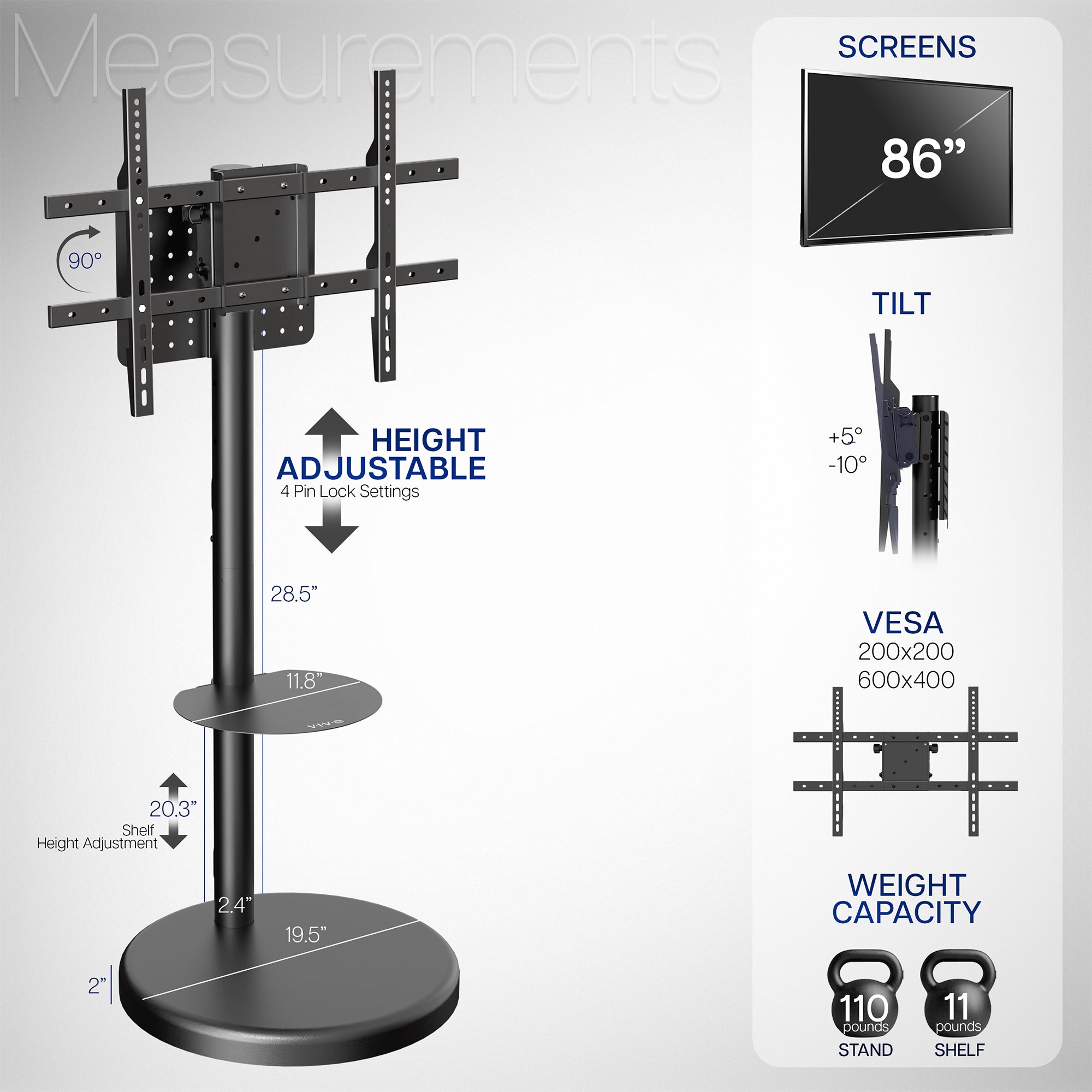 Specifications and Measurements for Mobile TV stand 
