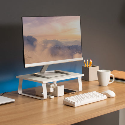 Sturdy tabletop riser for laptop or monitor for comfortable viewing.