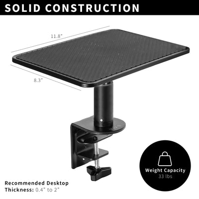 Black adjustable desk mount with dimensions and weight capacity on a white background