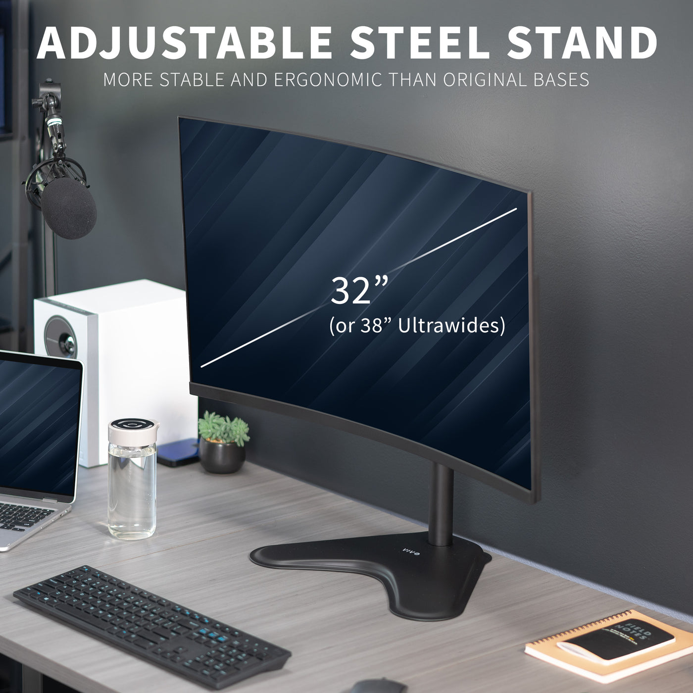 A height-adjustable monitor stands for better viewing.