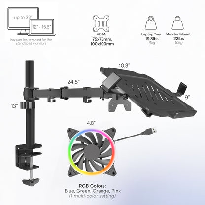 Laptop stand for desk with RGB fan for ambience and cooling.