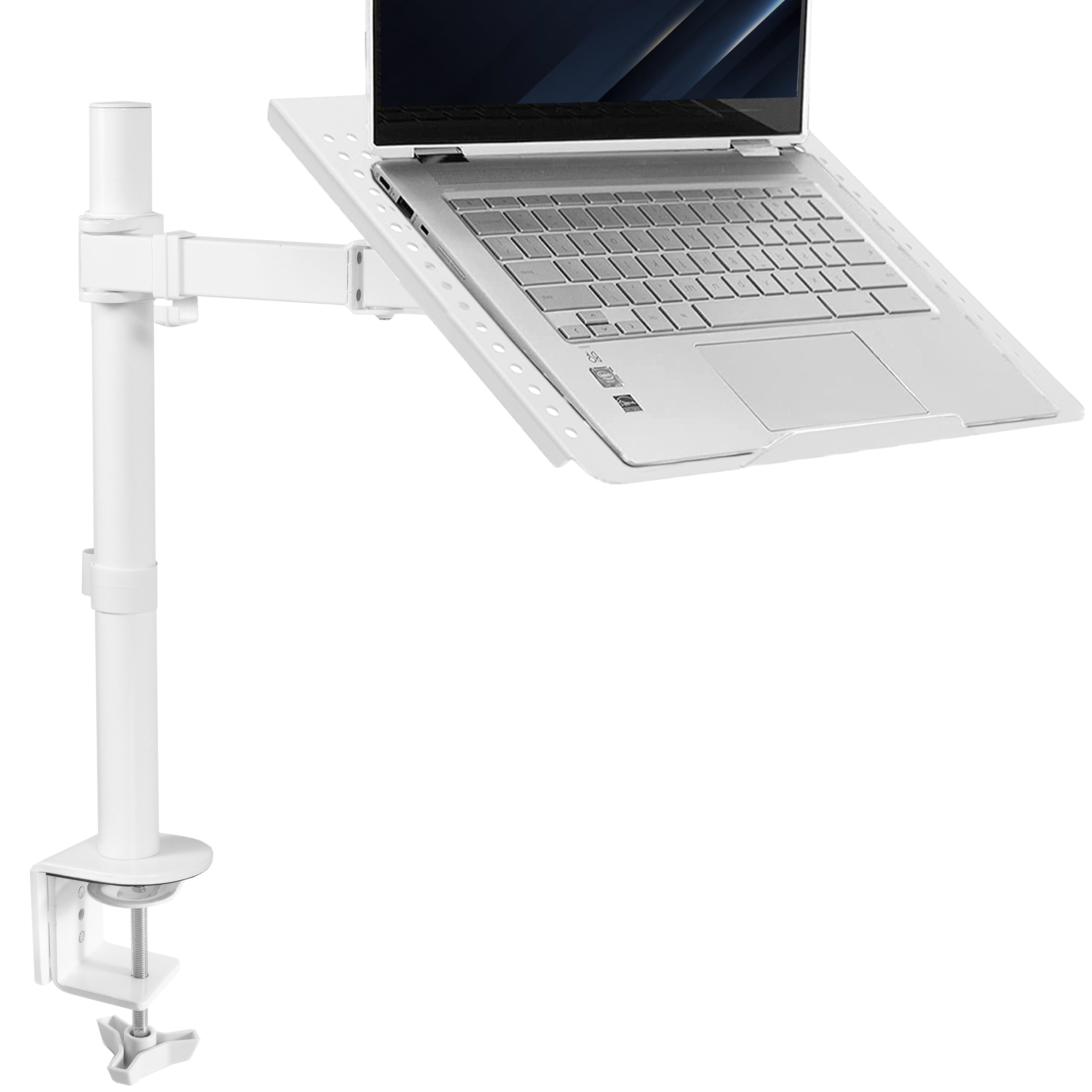 Height adjustable clamp-on laptop stand with ventilation and cable management.