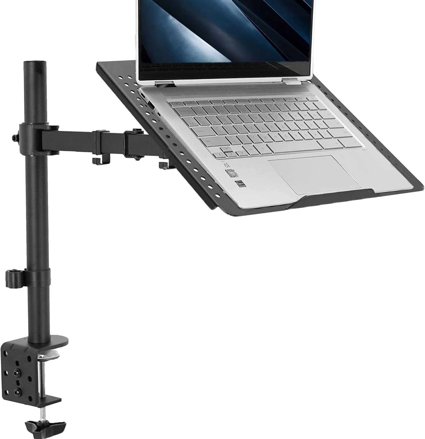 Height adjustable clamp-on laptop stand with ventilation and cable management.