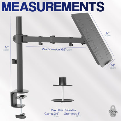 Height adjustable clamp-on laptop stand with ventilation and cable management.