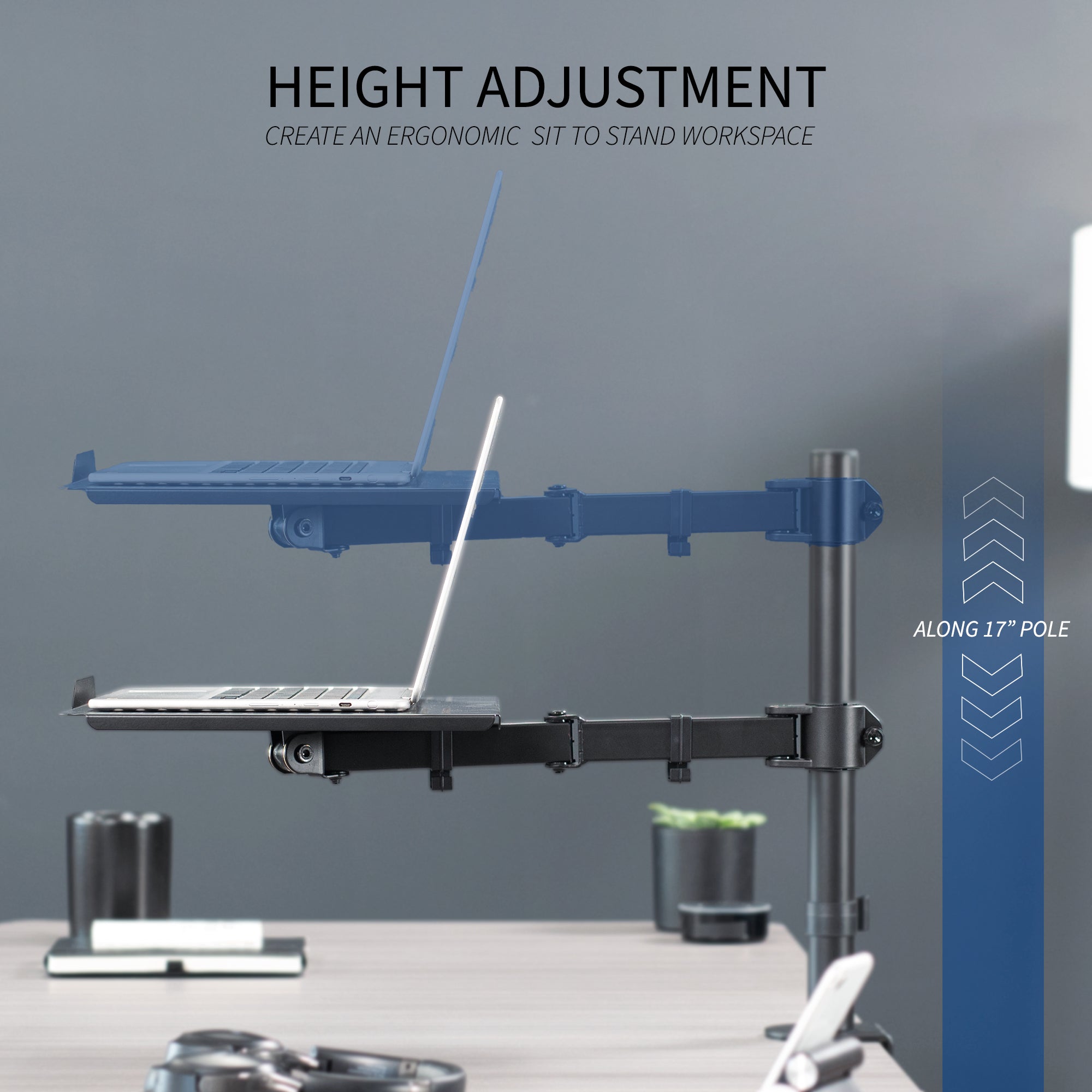 Height adjustable clamp-on laptop stand with ventilation and cable management.