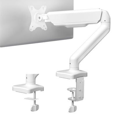 Sturdy clamp-on mechanical arm single monitor desk mount with articulation, height adjustment, and cable management.