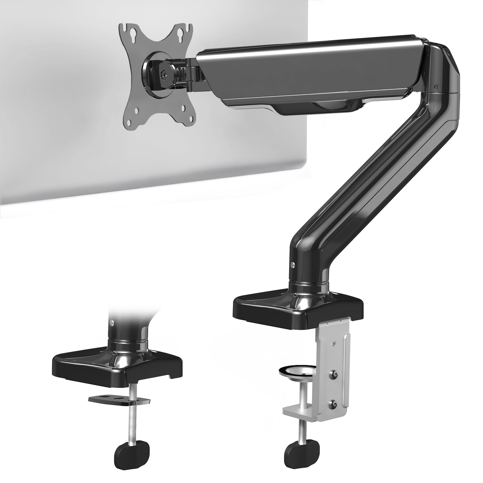 Sturdy clamp-on mechanical arm single monitor desk mount with articulation, height adjustment, and cable management.