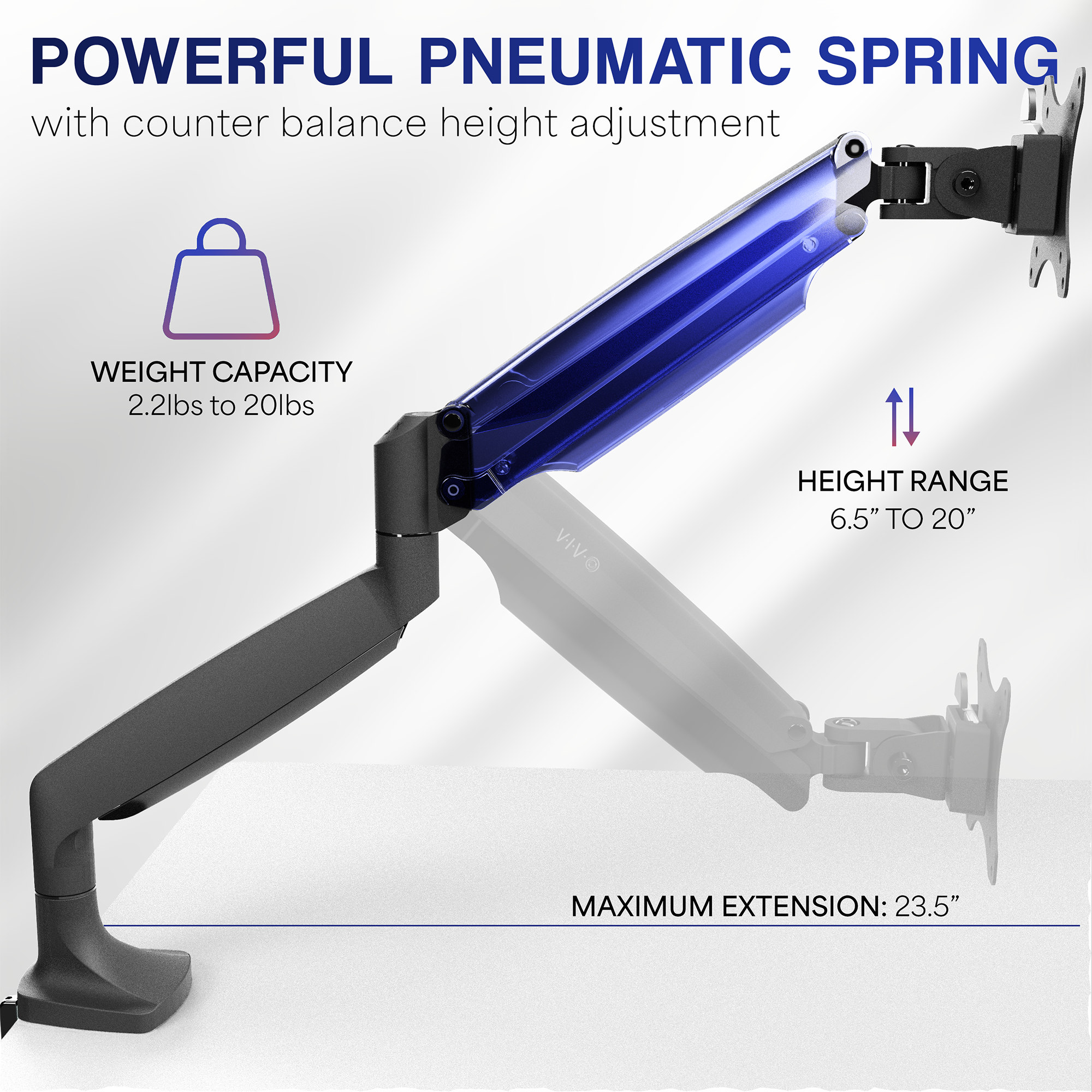 Pneumatic Arm Height Adjustable Single Monitor Desk Mount