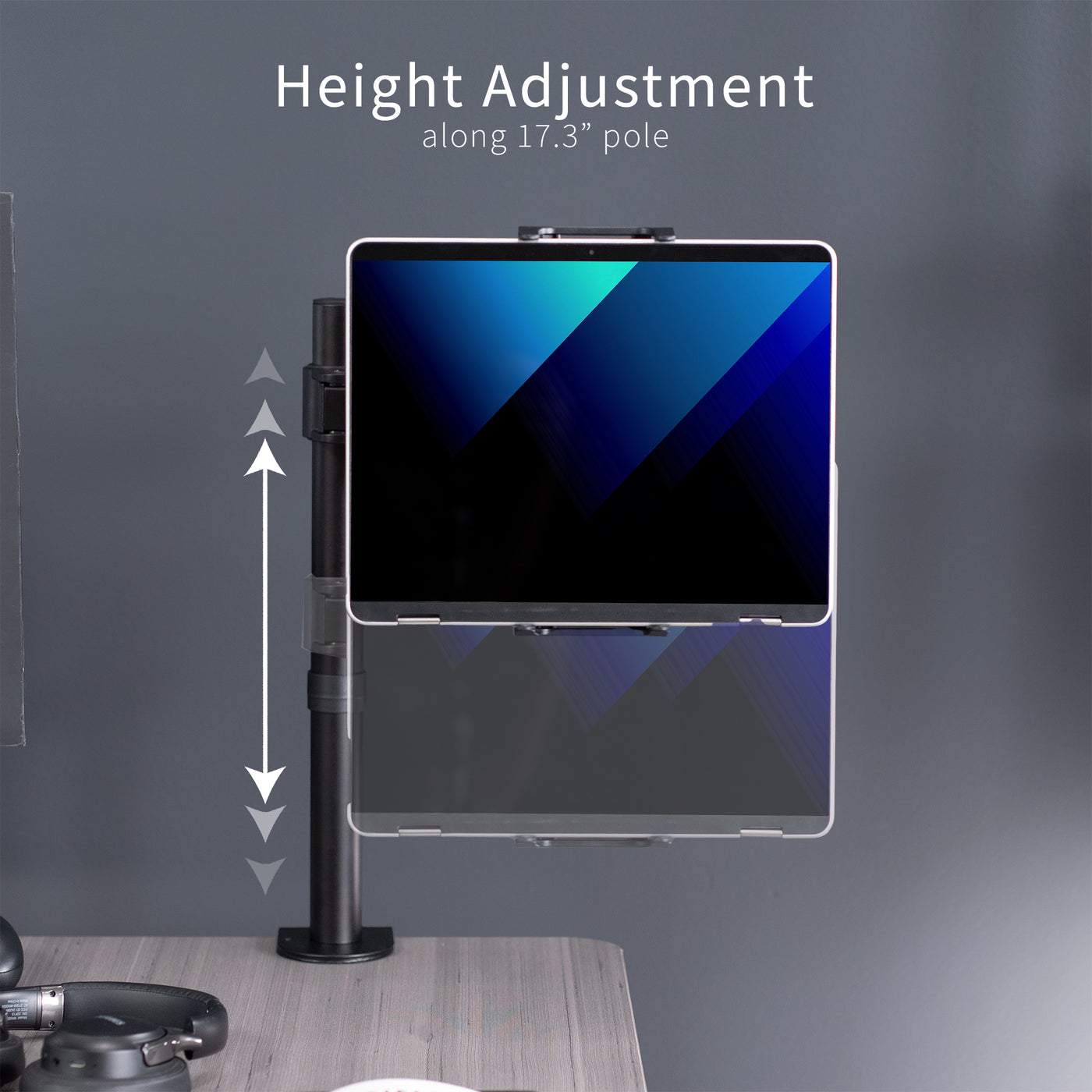 Articulating height adjustable tablet holder desk mount.