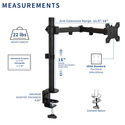 Single monitor desk mount from VIVO with articulation and cable management.