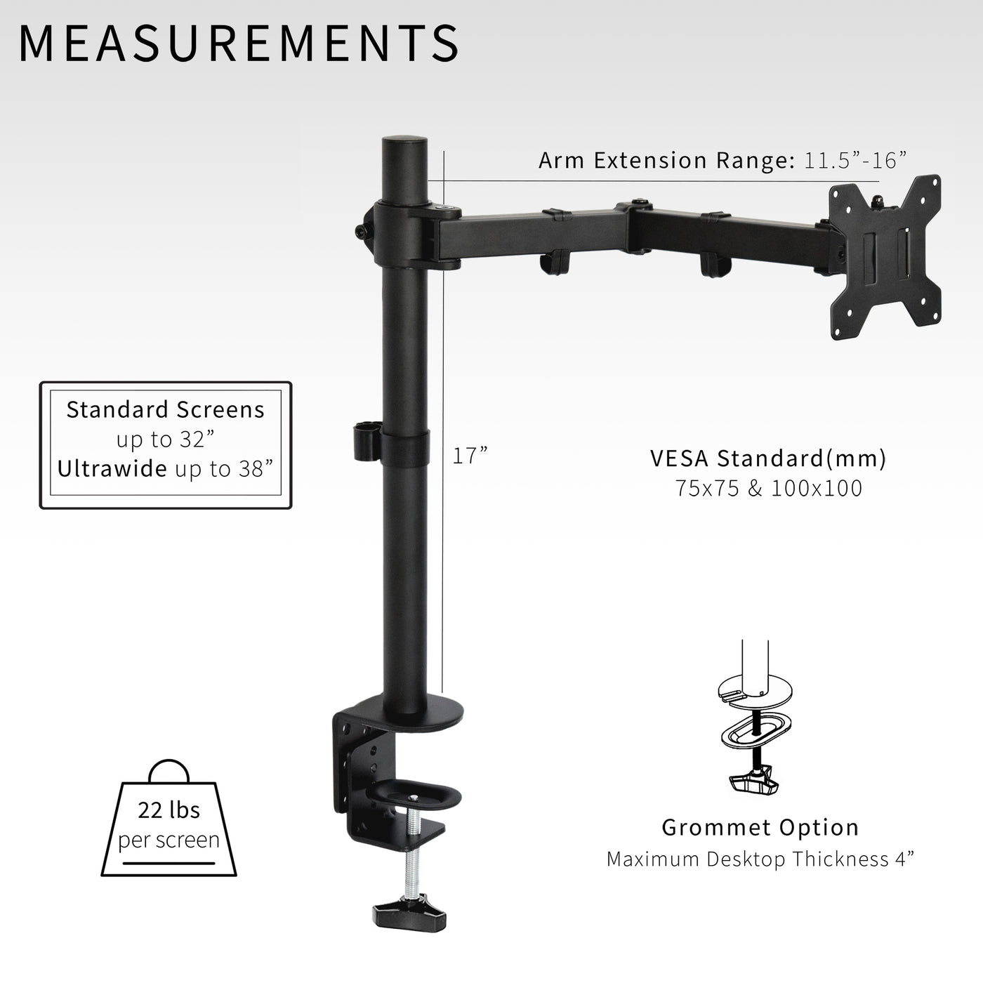 Single monitor desk mount from VIVO with articulation and cable management.